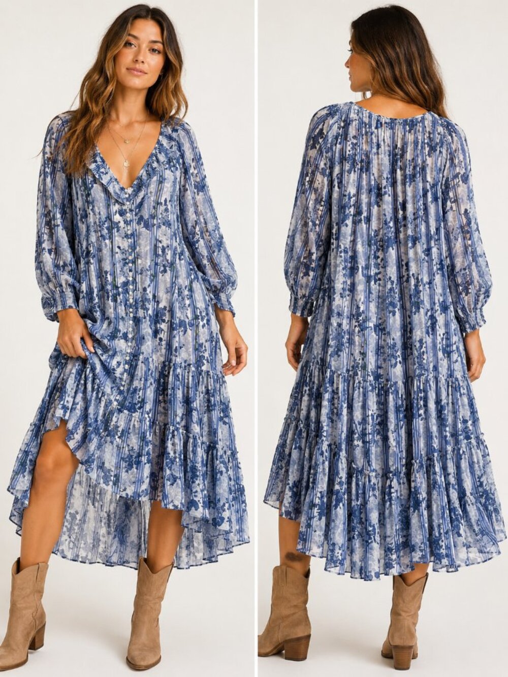 Free People Flowy Boho Maxi Dress – NWT $168 – Size Medium – Blue Floral –